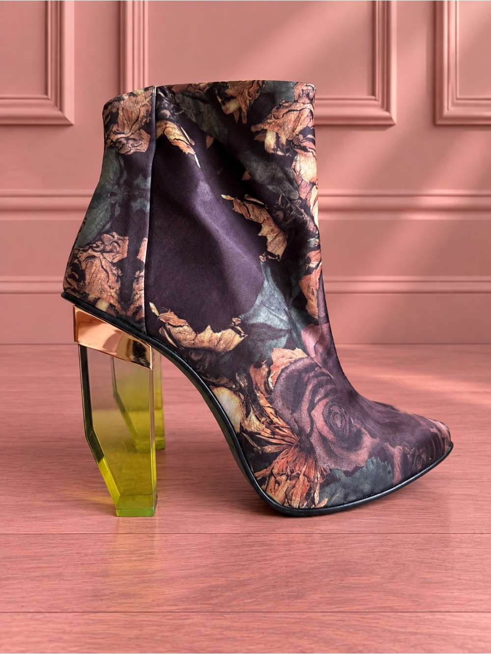 Miista Amaya Satin Floral Purple High-Heel Ankle Boot with Translucent Heel